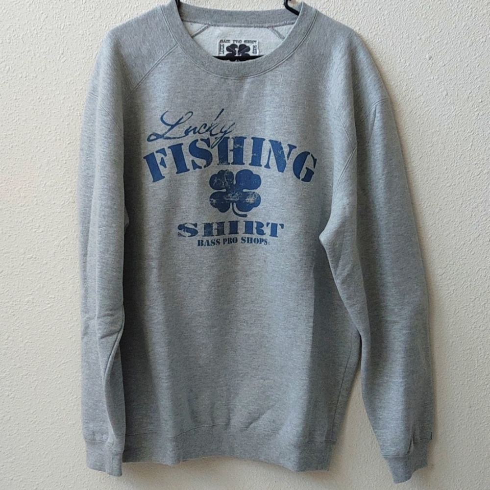 Bass Pro Shops mens large fishing crewneck sweatshirt grey blue